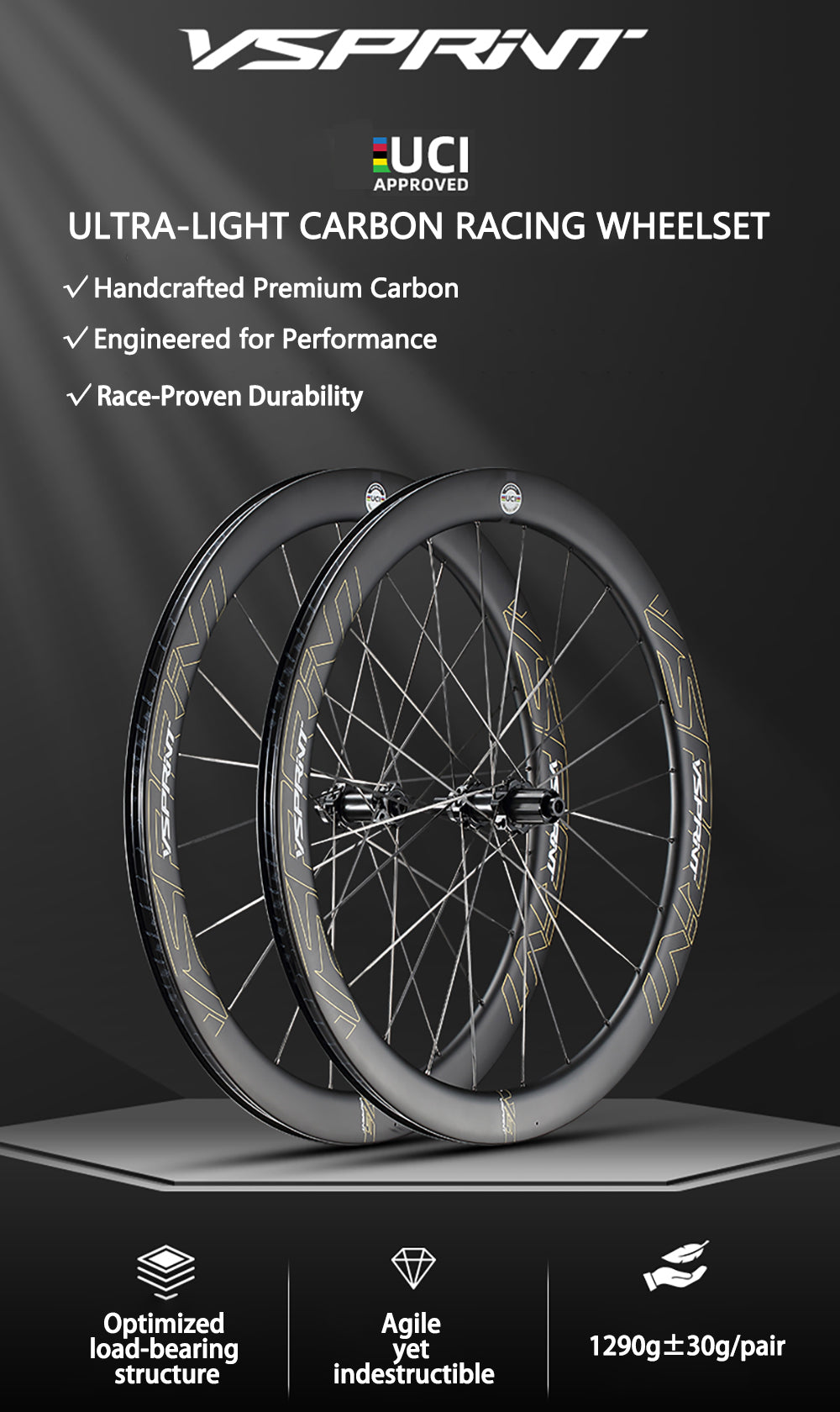 VSPRINT Carbon Fiber Road Bike Wheelset Lightweight 19mm/25mm Width 24H Spokes for Racing & Training