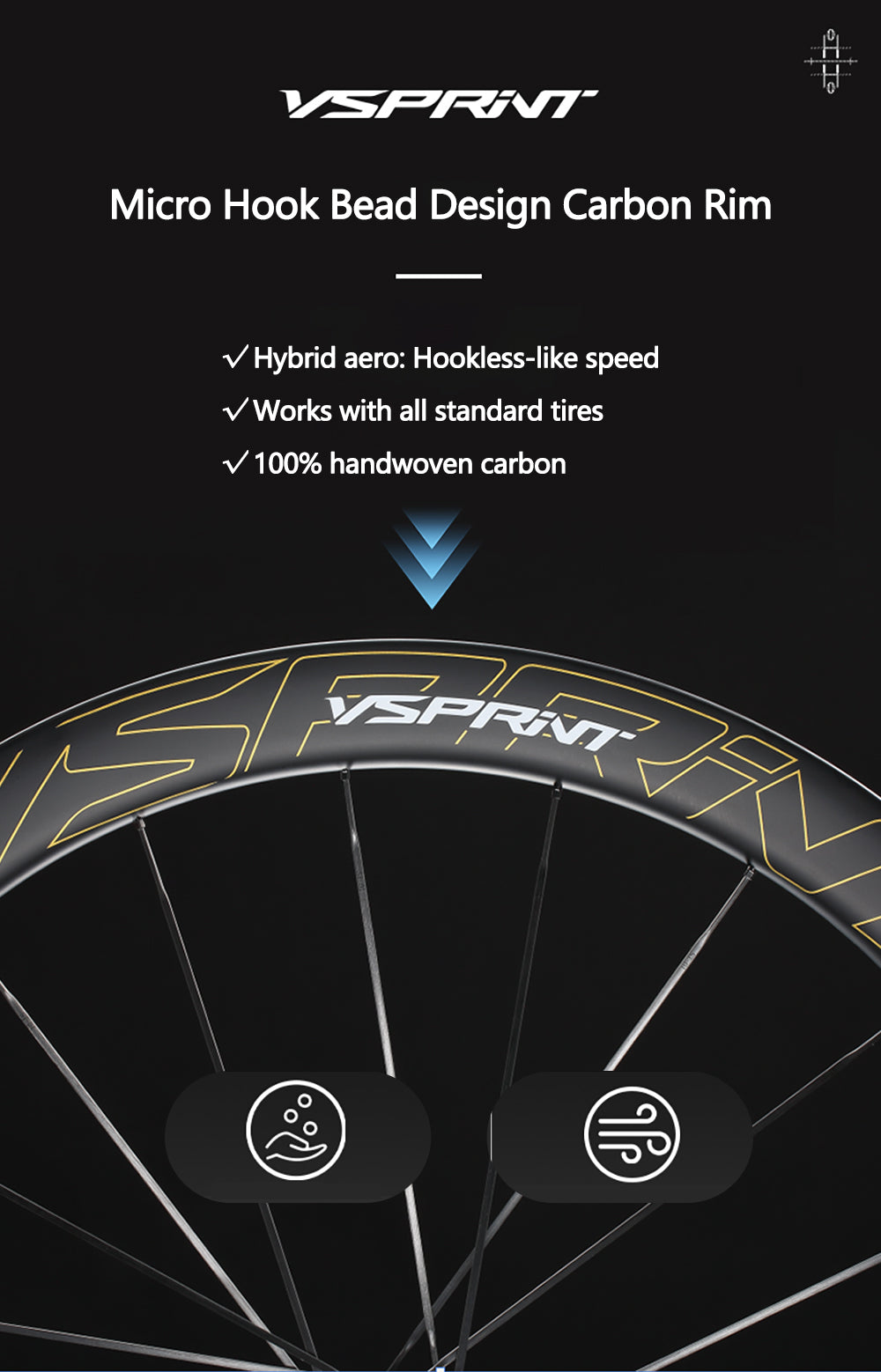 VSPRINT Carbon Fiber Road Bike Wheelset Lightweight 19mm/25mm Width 24H Spokes for Racing & Training