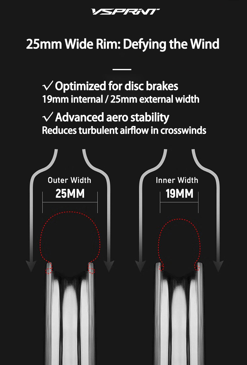 VSPRINT Carbon Fiber Road Bike Wheelset Lightweight 19mm/25mm Width 24H Spokes for Racing & Training