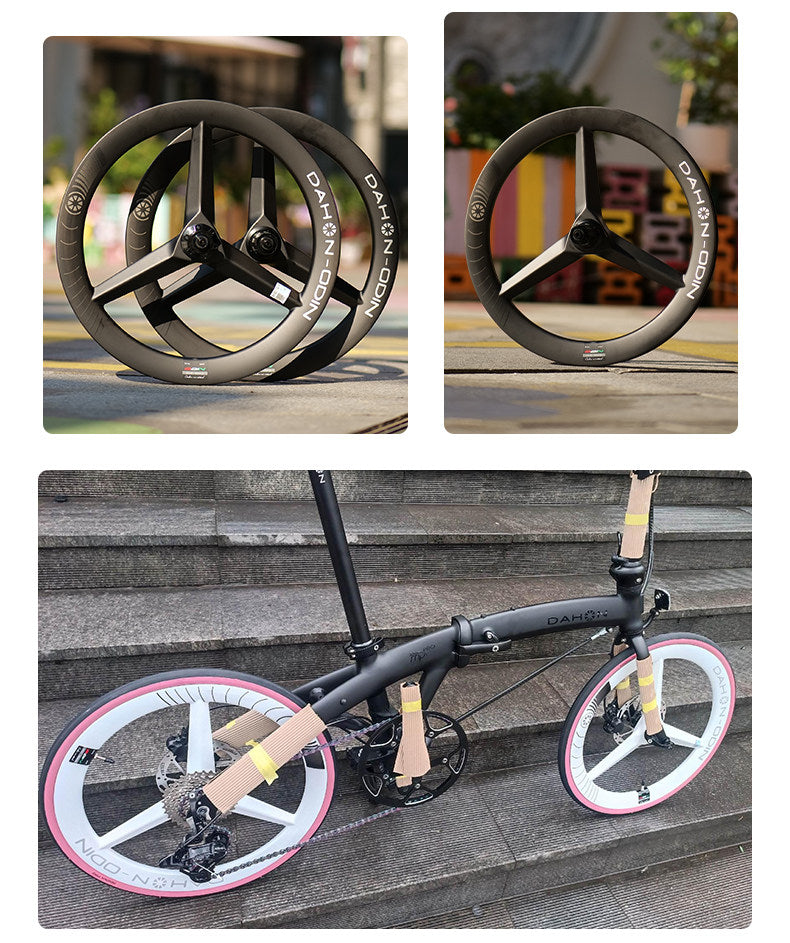 ODIN 406 Carbon Tri-Spoke Wheelset - 20" Disc Brake 40mm  Toray T700 carbon, 6-pawl hub, Shimano 8-11s. 1098g/pair. For folding bikes & BMX racing.