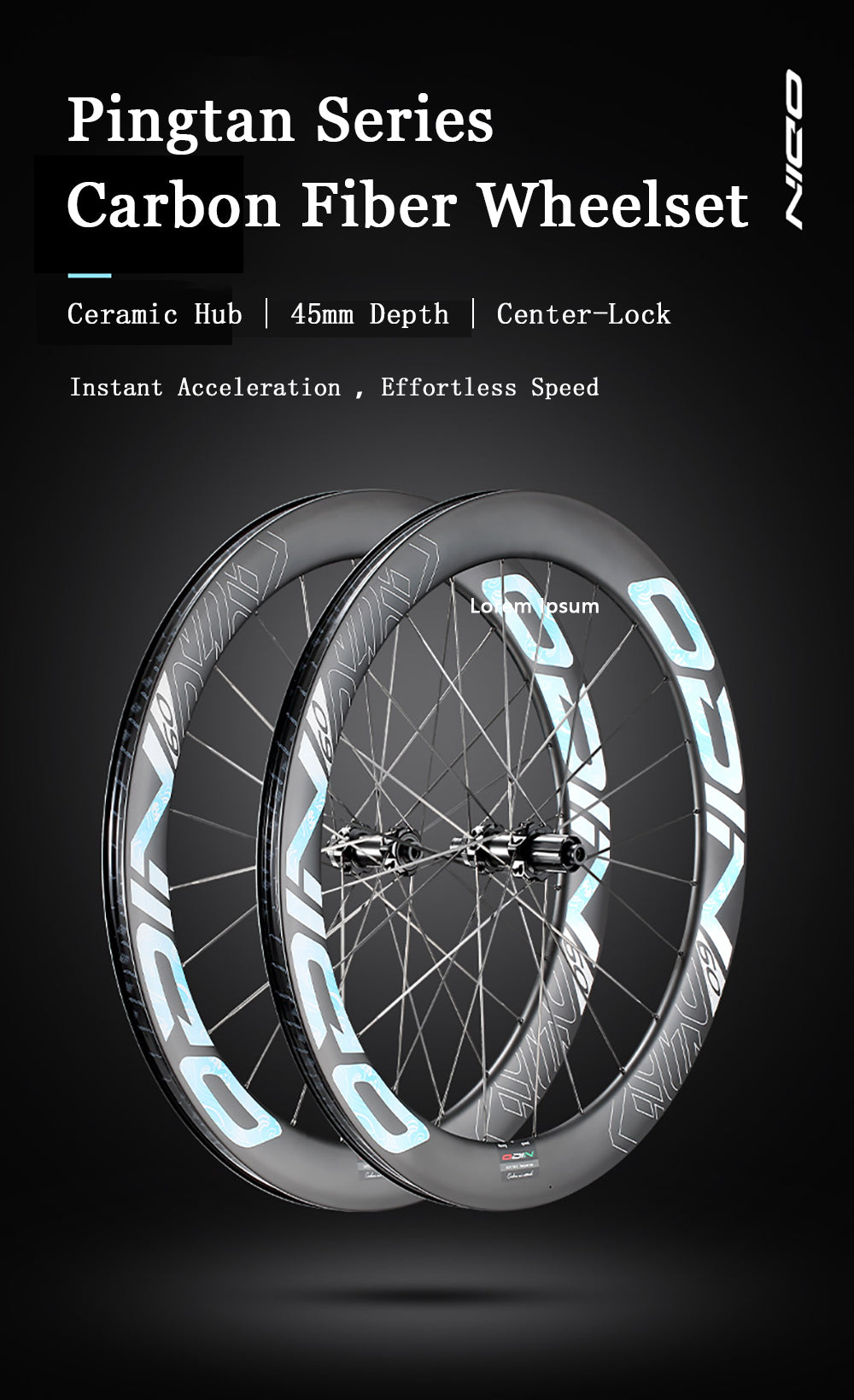 ODIN Carbon Road Wheelset 45mm 60mm Deep Rim Carbon Bike Wheels 1340g Ultra Lightweight Full Carbon Spokes Disc Brake 21/28mm Width Center Lock
