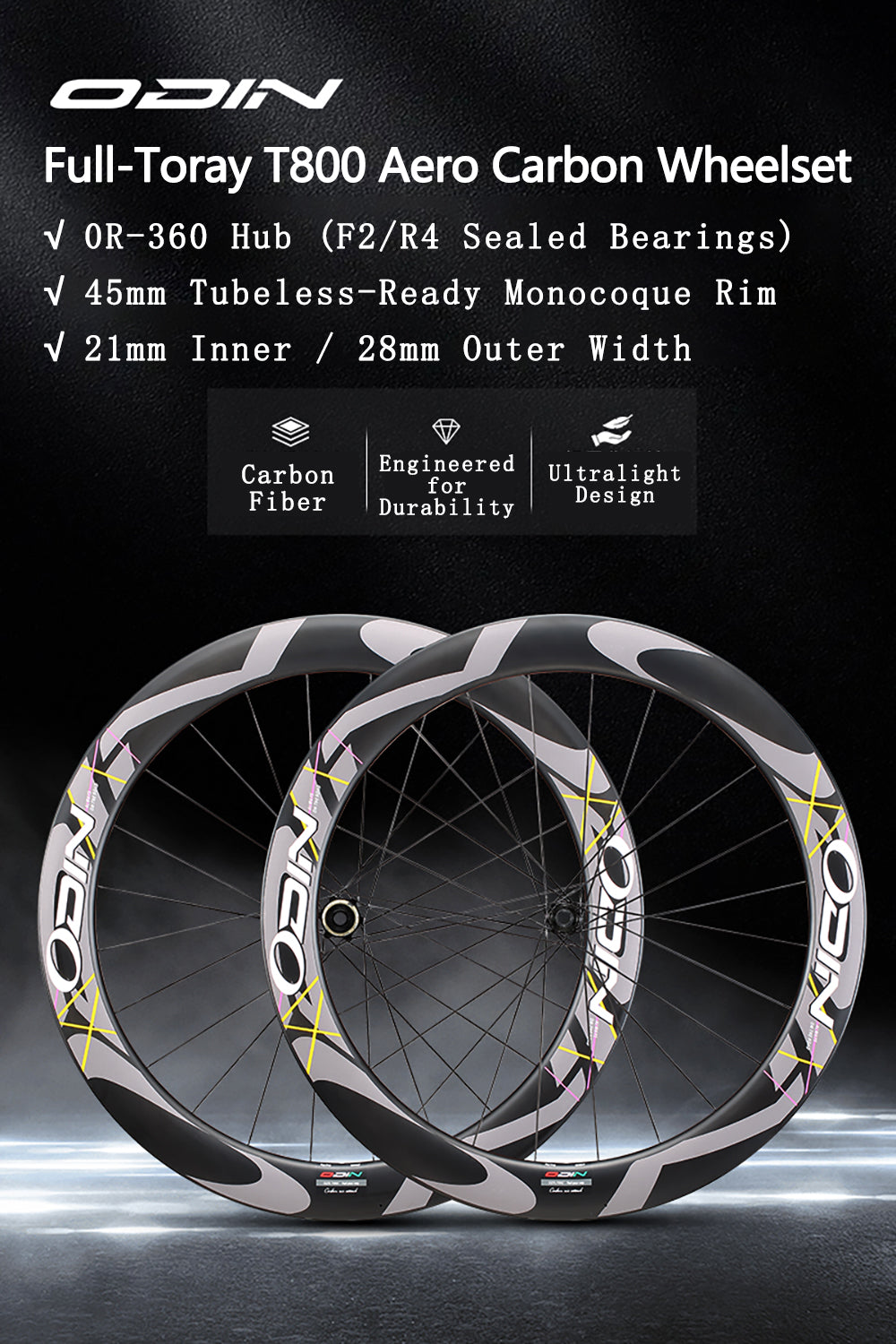 ODIN Carbon Fiber Road Bike Wheels 45mm 60mm Deep Rim T800 Carbon Wheelset 1430g Lightweight 21/28mm Width Disc Brake