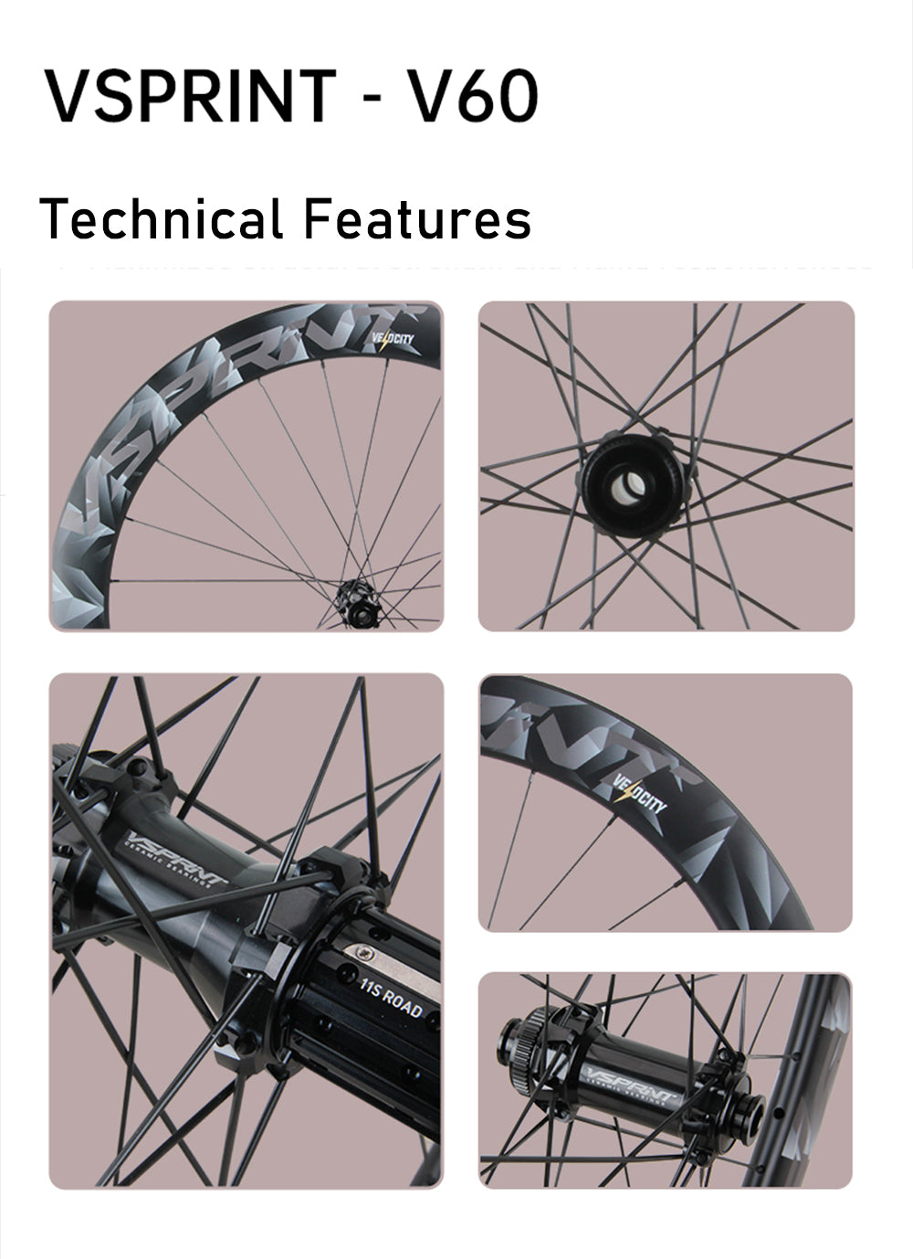 VSPRINT Carbon Wheelset 700C Carbon Road Bike Wheels 60mm Deep Rim 36T Ratchet Hub 21/28mm Width