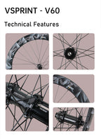 VSPRINT Carbon Wheelset 700C Carbon Road Bike Wheels 60mm Deep Rim 36T Ratchet Hub 21/28mm Width