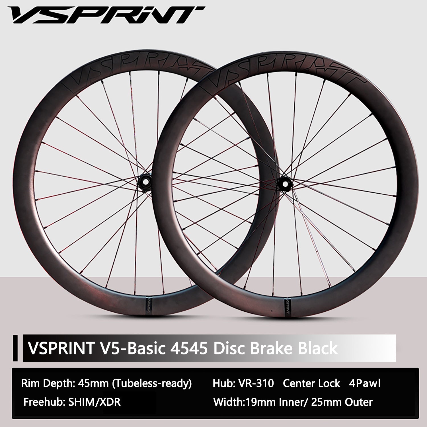 VSPRINT Carbon Fiber Road Bike Wheelset Tubeless Ready Cycling Wheels Center Lock Disc Brake 19/25mm Width