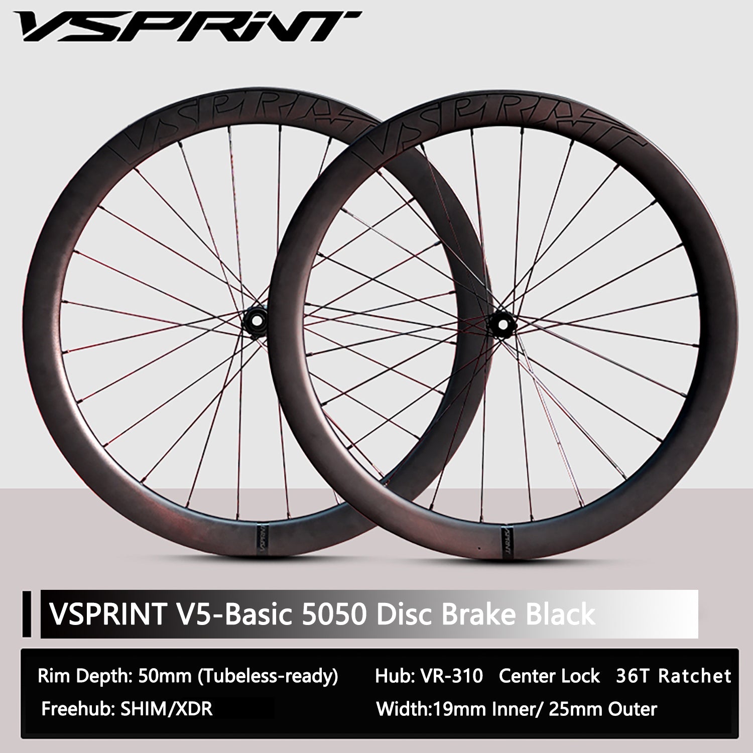 VSPRINT Carbon Fiber Road Bike Wheelset Tubeless Ready Cycling Wheels Center Lock Disc Brake 19/25mm Width 36T Ratchet