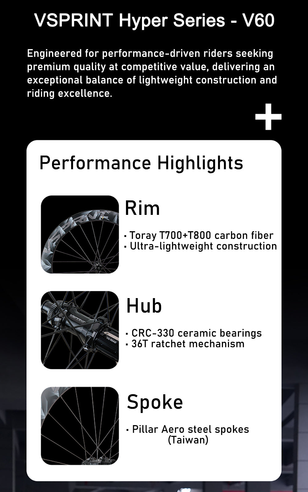 VSPRINT Carbon Wheelset 700C Carbon Road Bike Wheels 60mm Deep Rim 36T Ratchet Hub 21/28mm Width