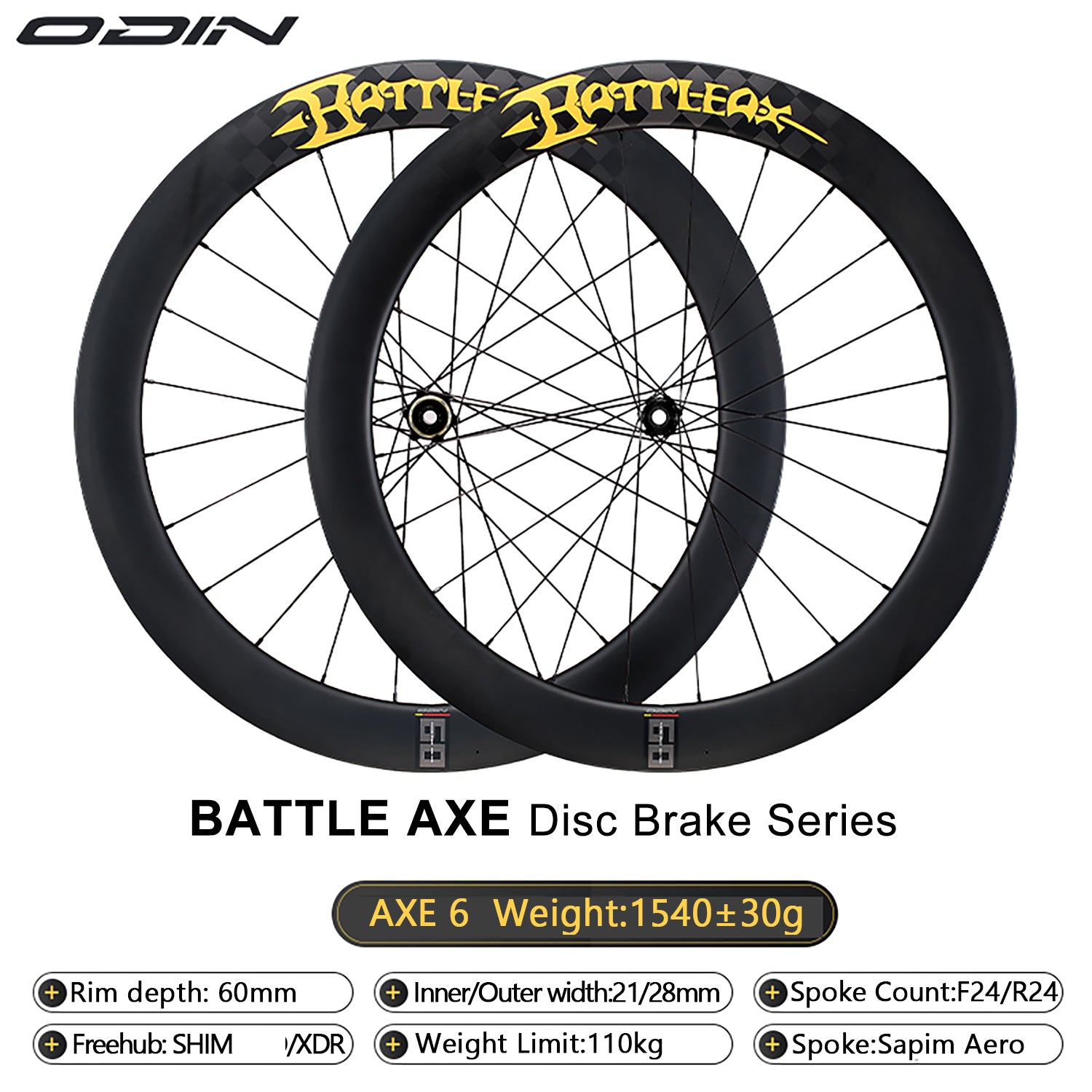 ODIN Carbon Road Bike Wheelset Deep Rim 40mm 50mm 60mm Carbon Wheels 700C 1430g Ultra Lightweight Tubeless Disc Brake 21/28mm Width Center Lock 24H Spokes