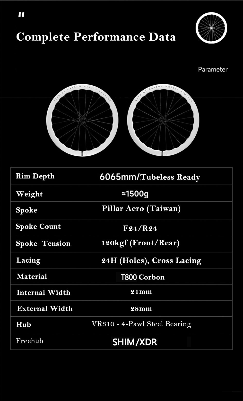 VSPRINT Carbon Fiber Road Bike Wheelset 45/50mm 60/65mm Aero wave carbon wheels 700c Center Lock Disc Brake 21/28mm Width 24H Spokes