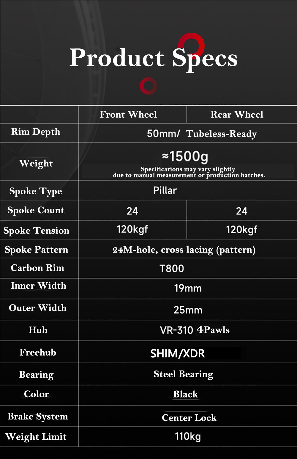 VSPRINT Carbon Fiber Road Bike Wheelset Tubeless Ready Cycling Wheels Center Lock Disc Brake 19/25mm Width