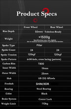 VSPRINT Carbon Fiber Road Bike Wheelset Tubeless Ready Cycling Wheels Center Lock Disc Brake 19/25mm Width