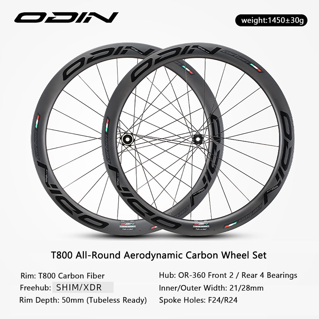 ODIN Carbon Wheelset 50mm 700C Carbon Fiber Road Bike Wheels Disc Brake 1450g Lightweight Tubeless Ready 21/28mm Width 24H Aero Spokes