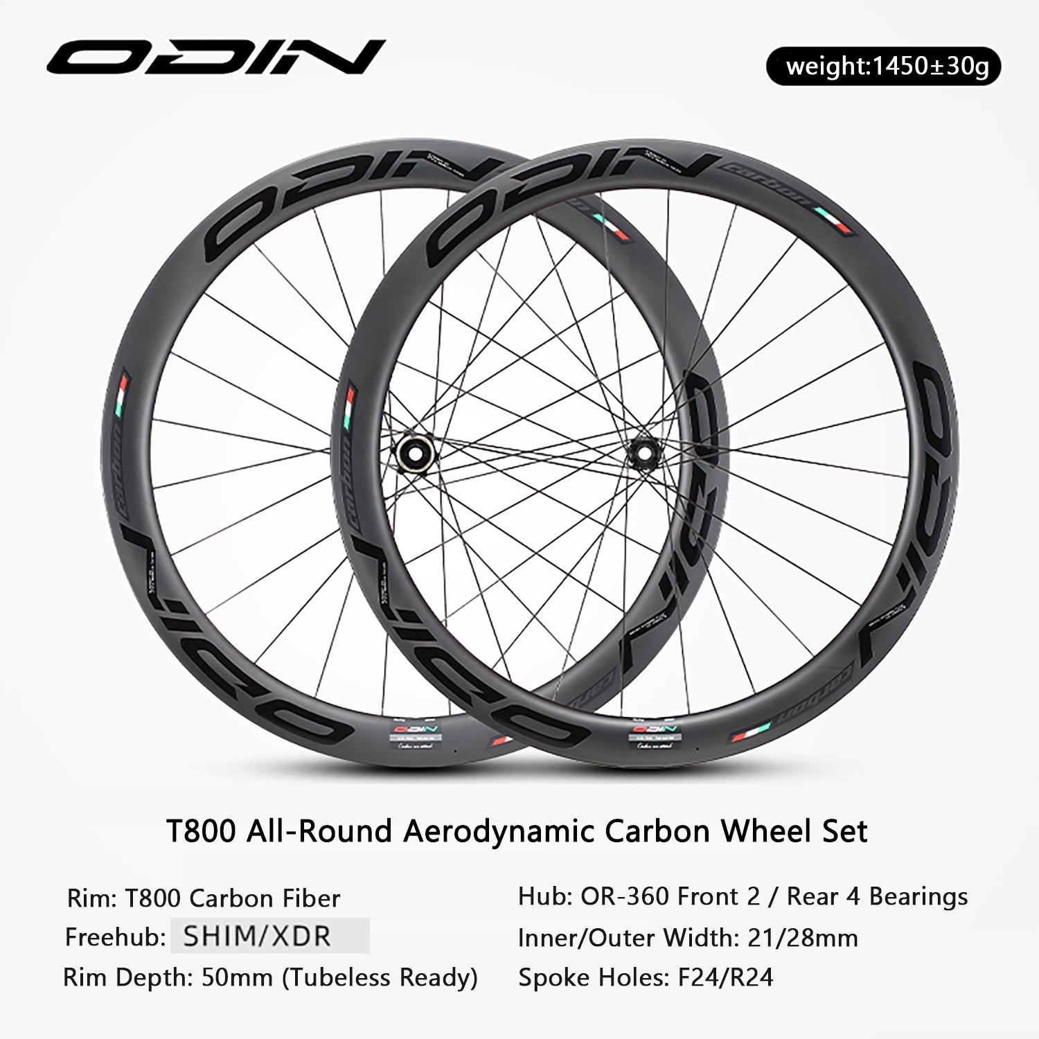 ODIN Carbon Wheelset 50mm 700C Carbon Fiber Road Bike Wheels Disc Brake 1450g Lightweight Tubeless Ready 21/28mm Width 24H Aero Spokes