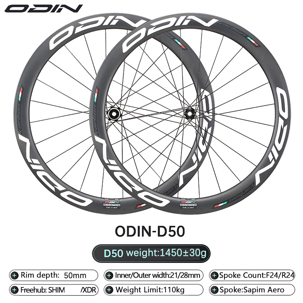 ODIN Carbon Wheelset 50mm 700C Carbon Fiber Road Bike Wheels Disc Brake 1450g Lightweight Tubeless Ready 21/28mm Width 24H Aero Spokes