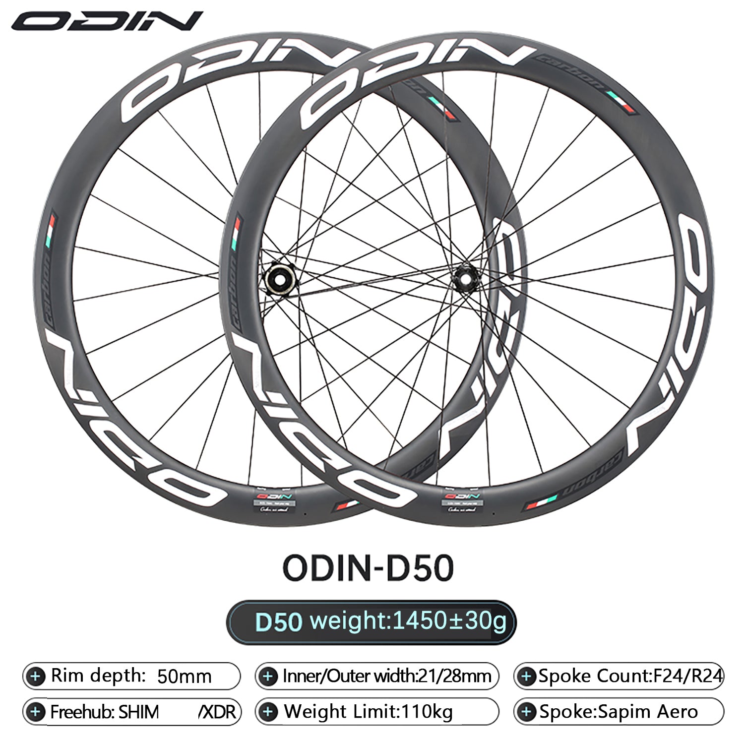 ODIN Carbon Wheelset 50mm 700C Carbon Fiber Road Bike Wheels Disc Brake 1450g Lightweight Tubeless Ready 21/28mm Width 24H Aero Spokes
