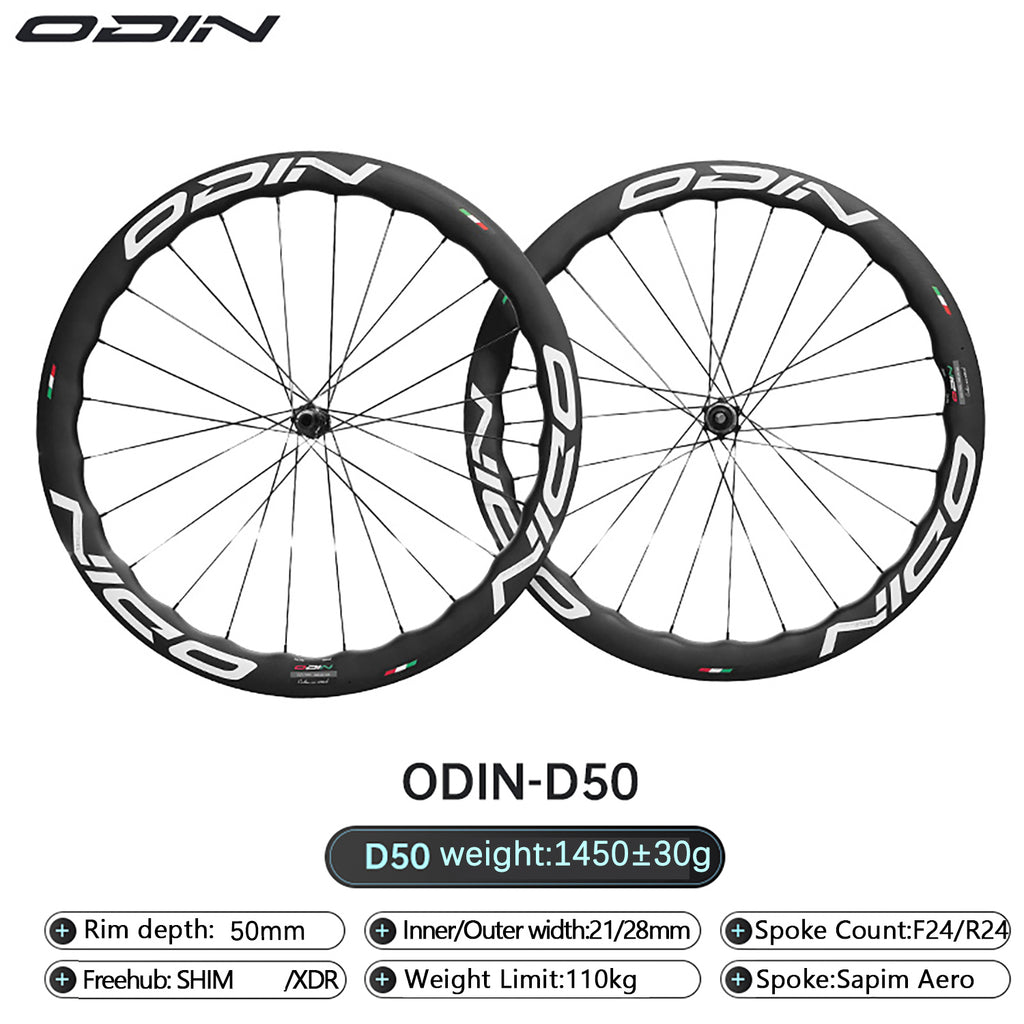 ODIN Carbon Wheelset 50mm Carbon Fiber Road Bike Wheels Disc Brake 1450g Lightweight 21/28mm Width 24H Aero Spokes
