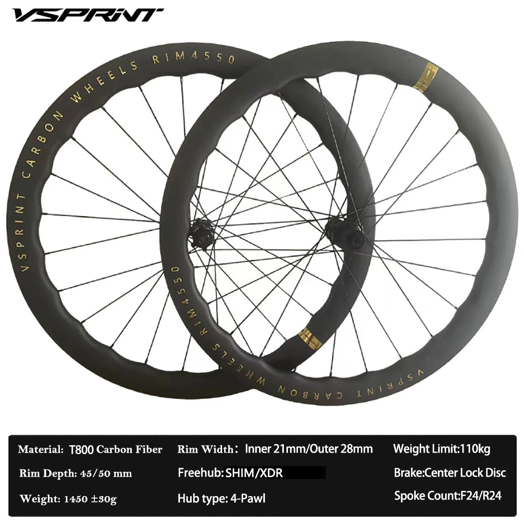 VSPRINT Carbon Fiber Road Bike Wheelset 45/50mm 60/65mm Aero wave carbon wheels 700c Center Lock Disc Brake 21/28mm Width 24H Spokes
