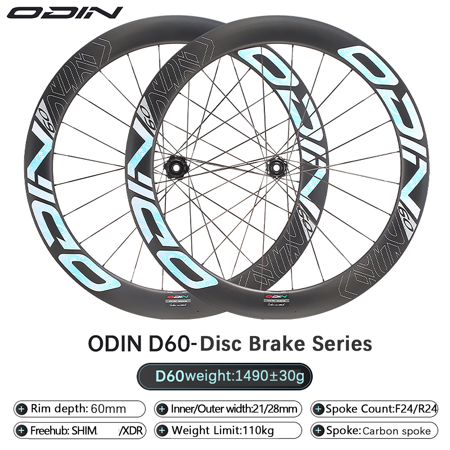 ODIN Carbon Road Wheelset 45mm 60mm Deep Rim Carbon Bike Wheels 1340g Ultra Lightweight Full Carbon Spokes Disc Brake 21/28mm Width Center Lock