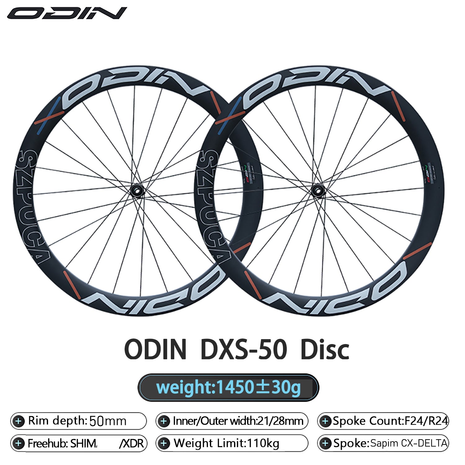 ODIN Carbon Fiber Wheelset 50mm Deep Rim Carbon Road Bicycle Wheels 700C Disc Brake 1450g Lightweight 21/28mm Width Center Lock