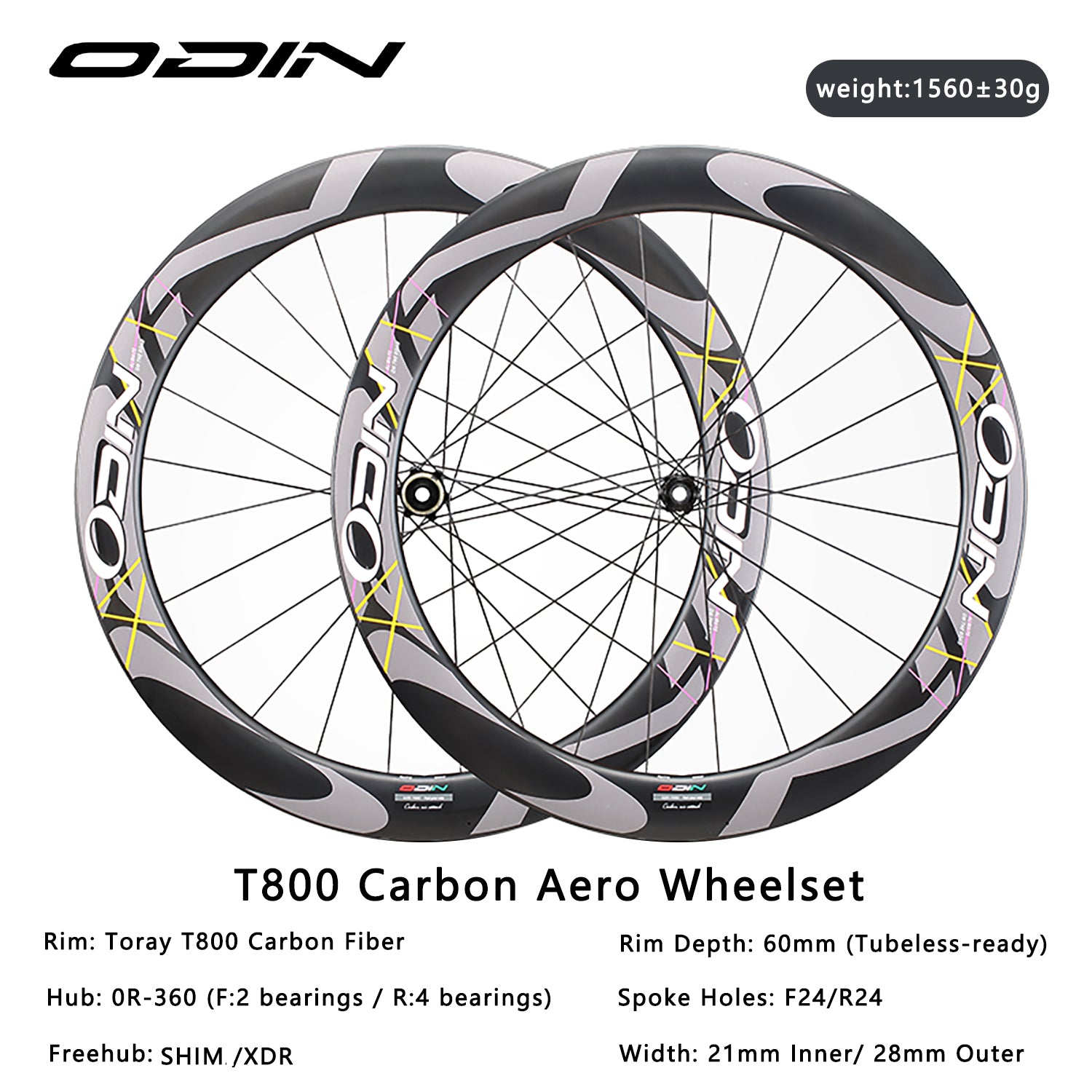 ODIN Carbon Fiber Road Bike Wheels 45mm 60mm Deep Rim T800 Carbon Wheelset 1430g Lightweight 21/28mm Width Disc Brake