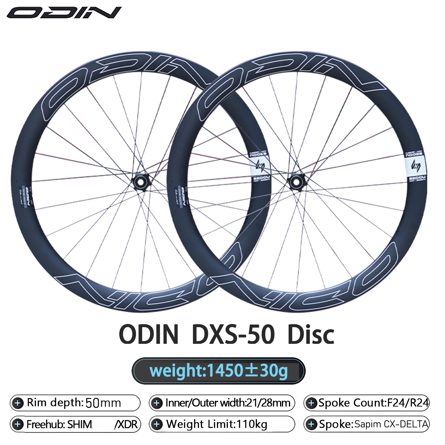 ODIN Carbon Fiber Wheelset 50mm Carbon Road Bicycle Wheels 700C Disc Brake 1450g Lightweight 21/28mm Width Center Lock