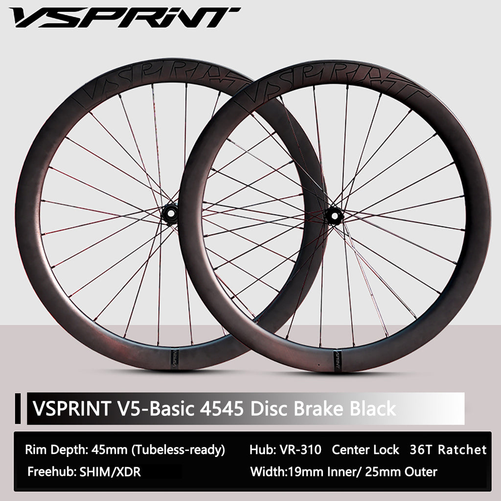 VSPRINT Carbon Fiber Road Bike Wheelset Tubeless Ready Cycling Wheels Center Lock Disc Brake 19/25mm Width 36T Ratchet