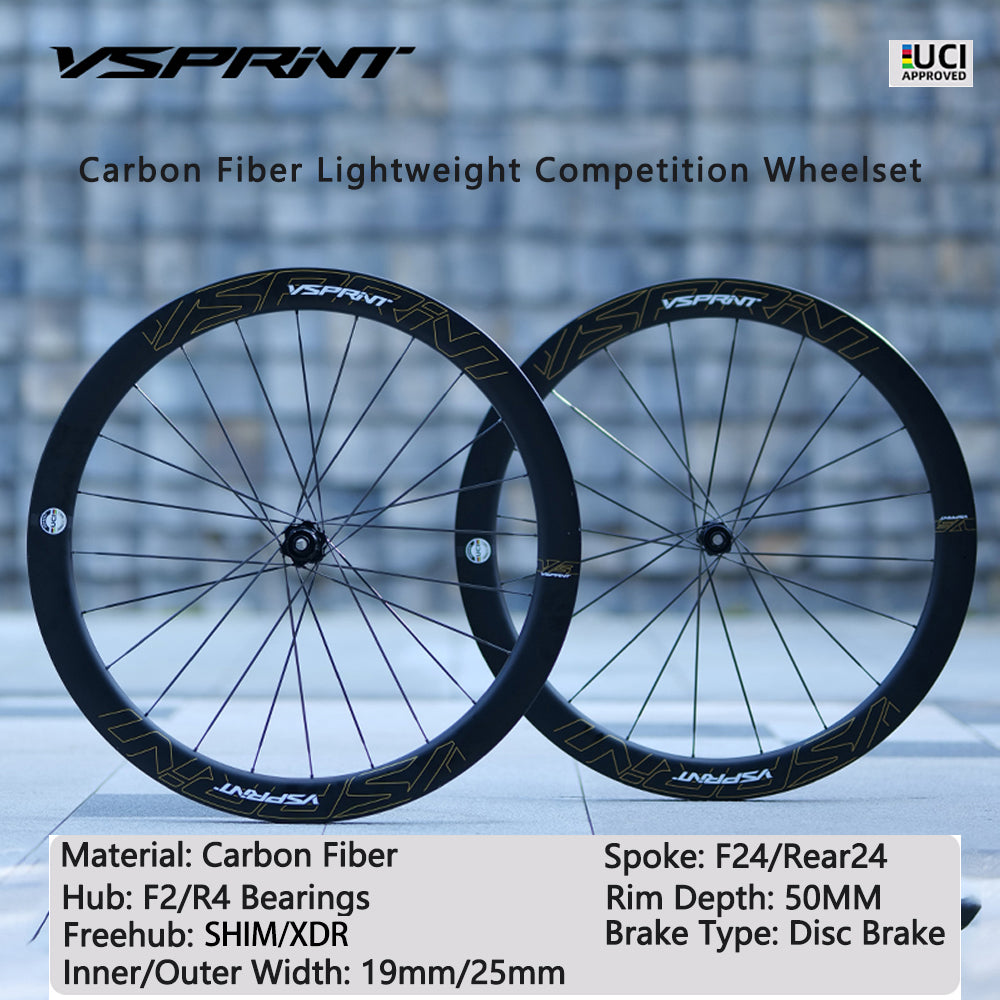 VSPRINT Carbon Fiber Road Bike Wheelset Lightweight 19mm/25mm Width 24H Spokes for Racing & Training