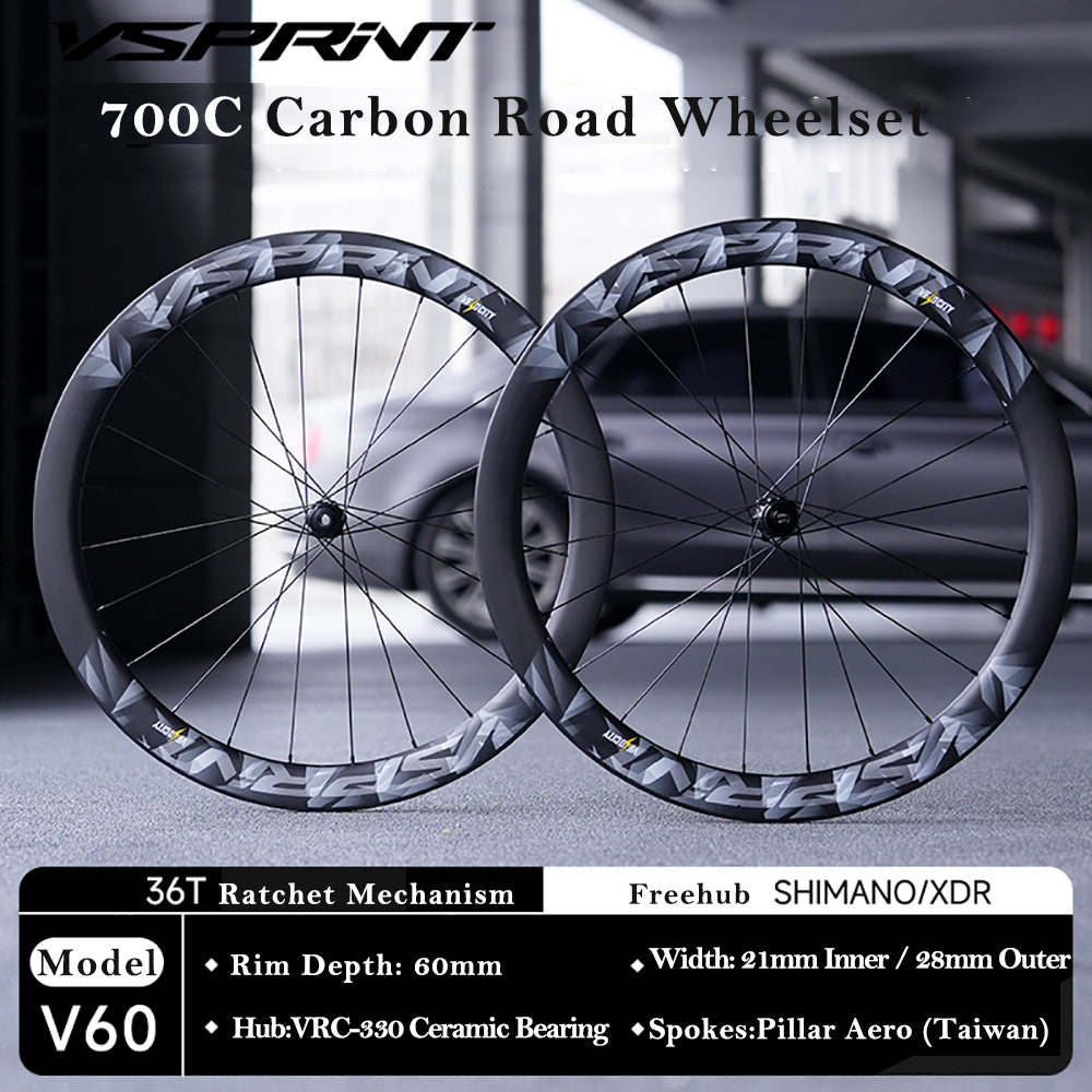 VSPRINT Carbon Wheelset 700C Carbon Road Bike Wheels 60mm Deep Rim 36T Ratchet Hub 21/28mm Width